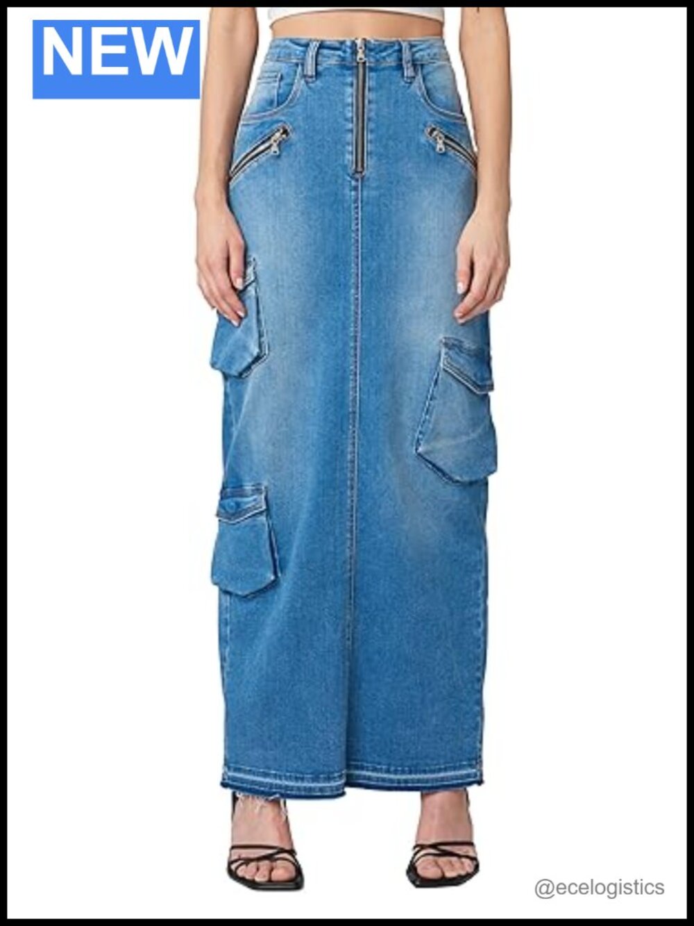 Womens Cargo Maxi Denim Skirt High Rise Cotton Blend